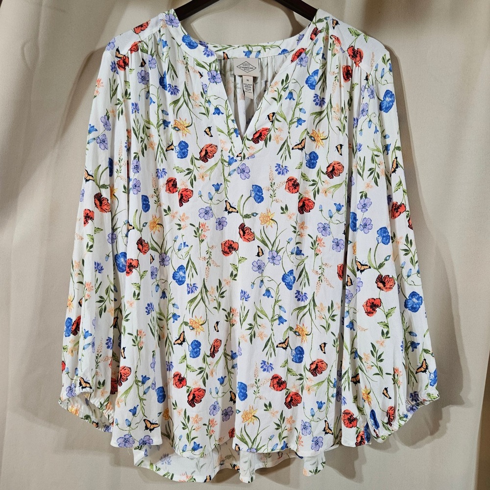 St Johns Bay Womens XL Floral Butterfly Rayon Split Neck Balloon Sleeve Blouse